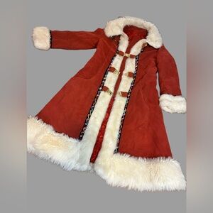 Women's S 1960s Faux Fur Ultra Suede Rust Red Orange Trench Coat Winter Buckle